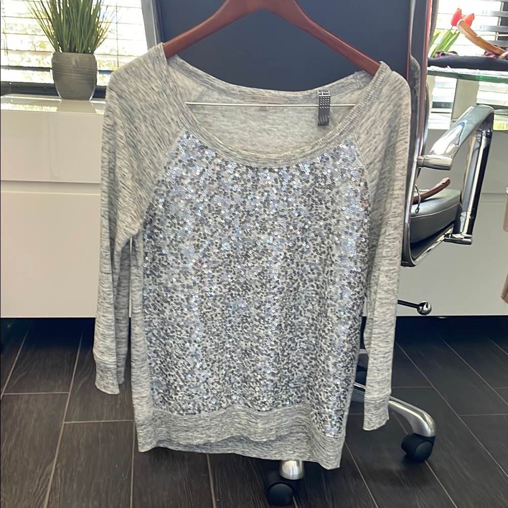 GAP Gray Sequin Off-the-Shoulder 3/4 Sleeve Sweatshirt